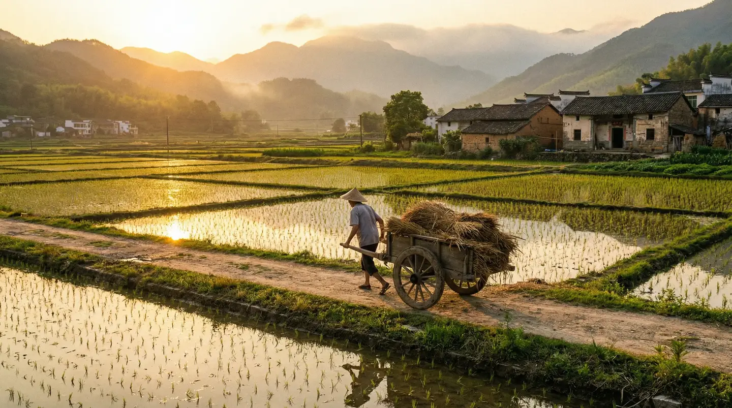 花蝴蝶高清影院影视 - 金色夕阳下的乡村田野，老农推着木车行走在田埂上